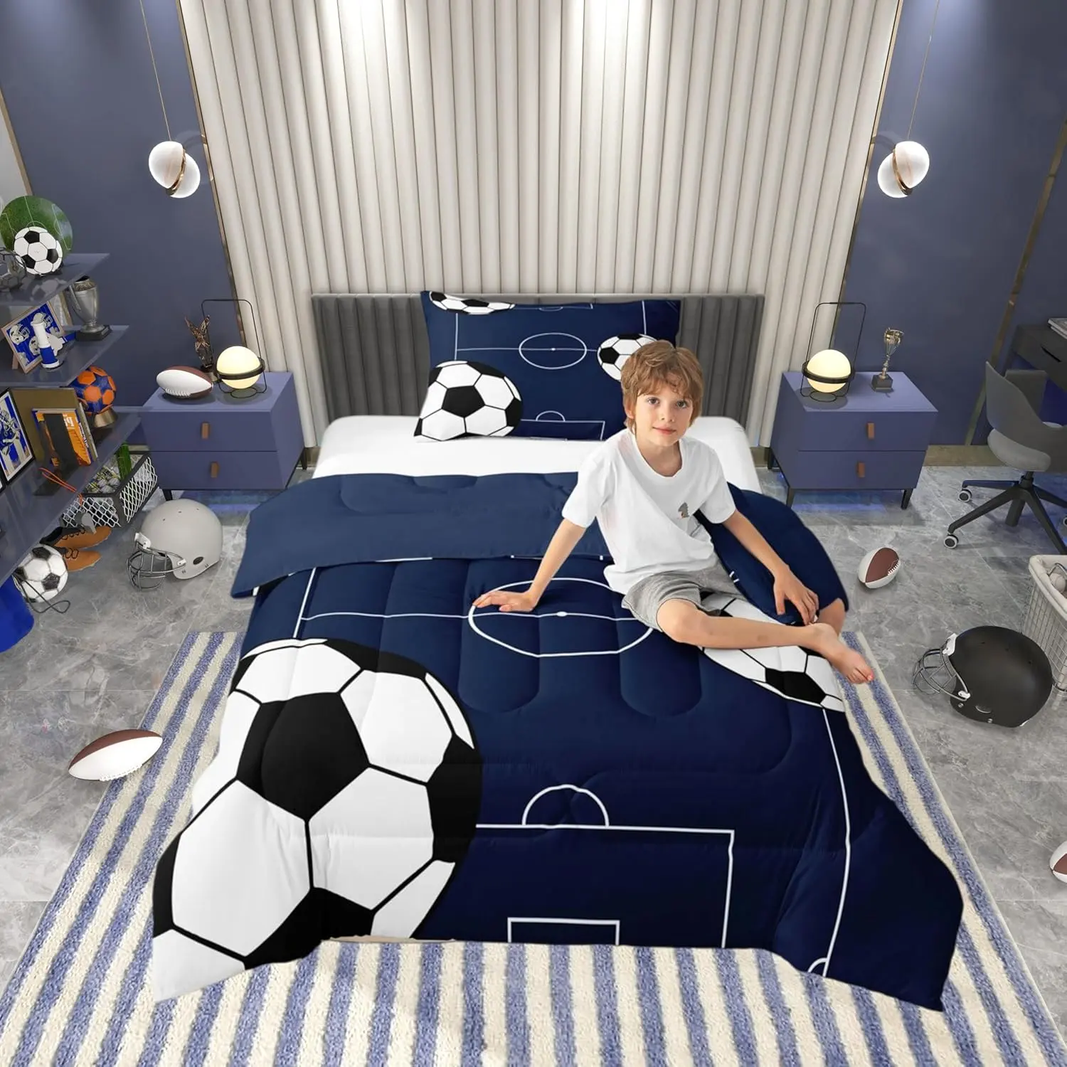 Football Comforter Set Sports Theme Comforter,Soccer Ball Gaming Down Comforter,Football Court Quilt Bedroom Decor,Blue White