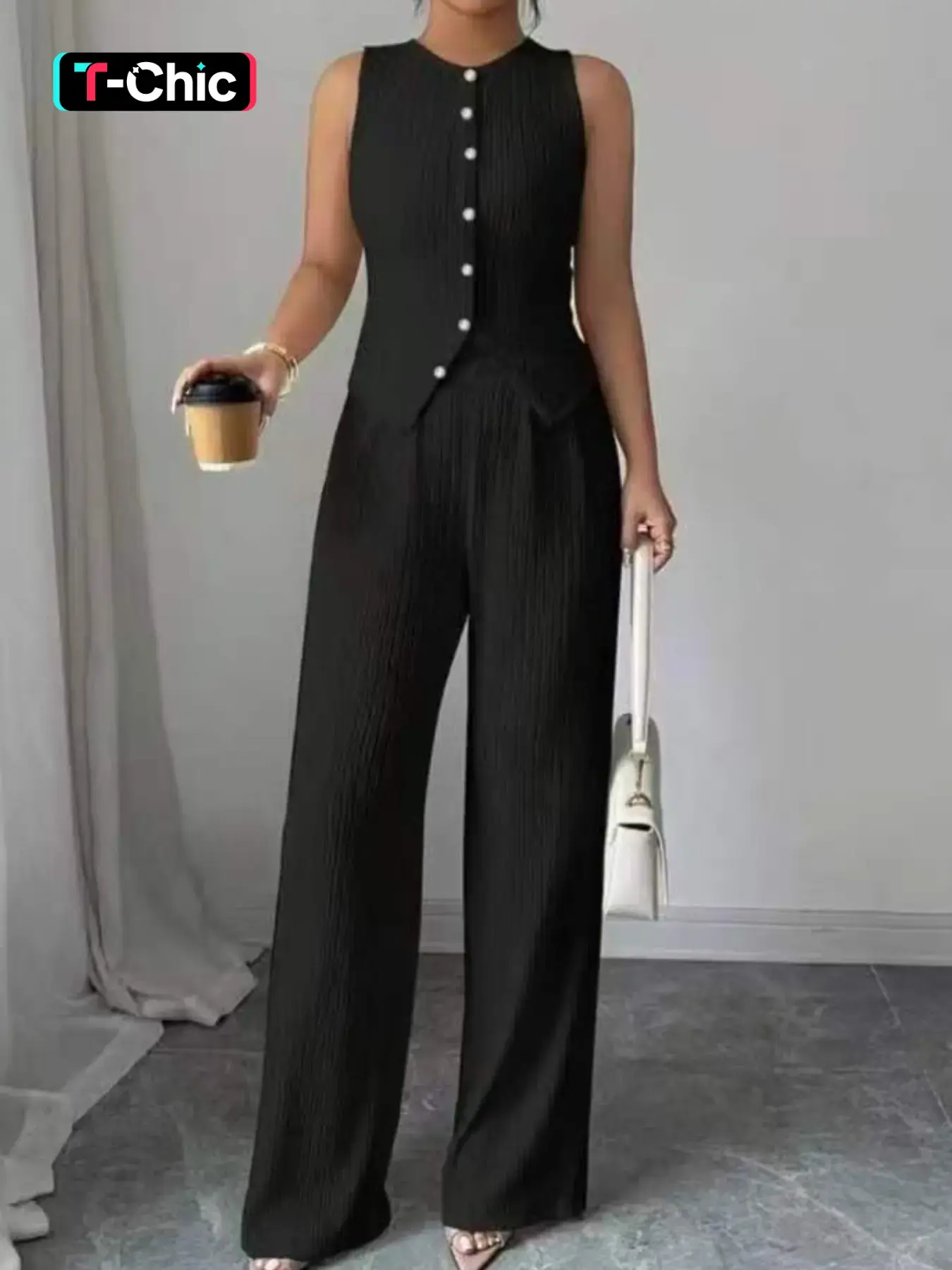 Elegant Chic Commuting Casual Style Set, Sleeveless Round Neck Buttoned Slim Fit Vest & High Waist Loose Straight-Leg Trousers, 2-Piece Outfit Women