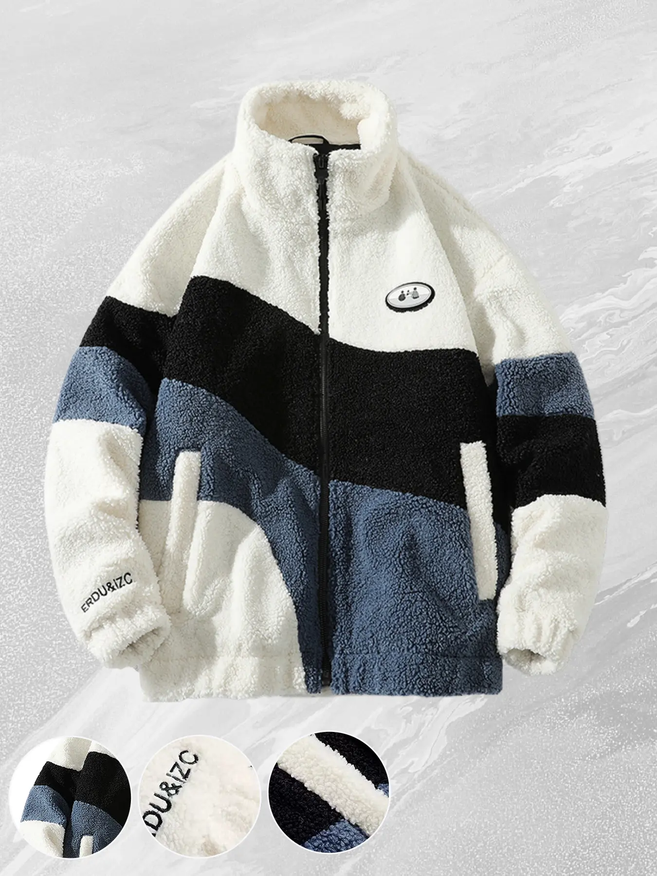 Men's Thermal Lined Bold Colorblock Lamb Fleece Coat - Casual Medium-Length Long-Sleeve Stand Collar Pull-On Jacket with Pockets, Polyester Fabric, Contrast Binding (Menswear Coats)
