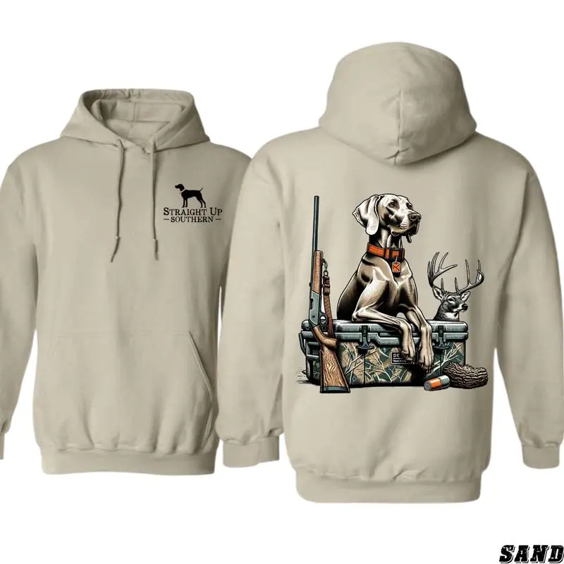Menswear Fitted Cut Cotton Casual Hoodie - Outdoor Hunting Straight Up Southern Dog with Antler, Gear Graphic, Country Camo Sweatshirt, Fall Winter Unisex Tops for Deer Hunting Fans - KitchenEra