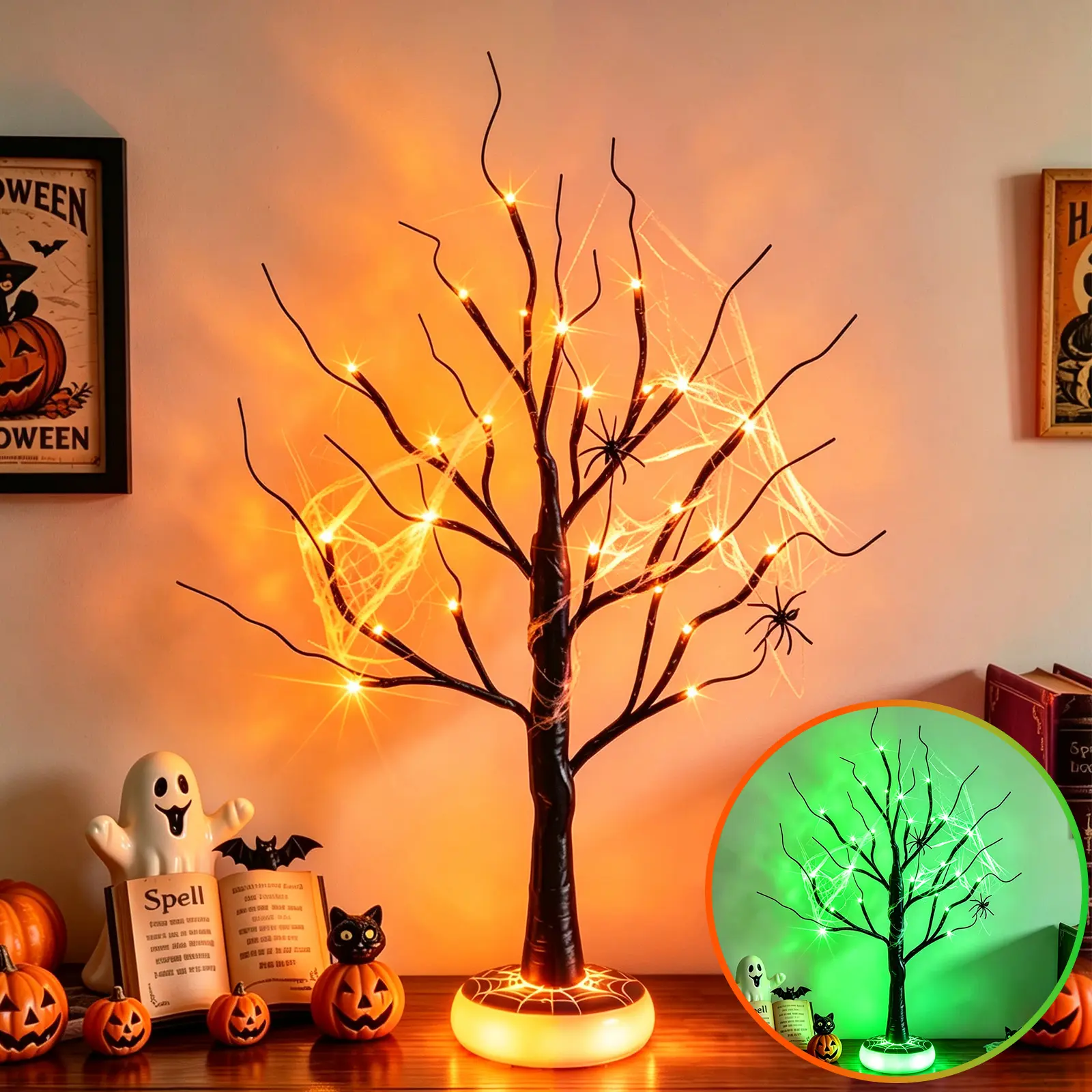 EAMBRITE Halloween Tree Halloween Decorations Indoor Lighted Black Spooky Tree Lamp | 2Ft Tree with Orange & Green LED Lights with Spider & Web USB Powered Timer Table Centerpieces for Home Room Decor