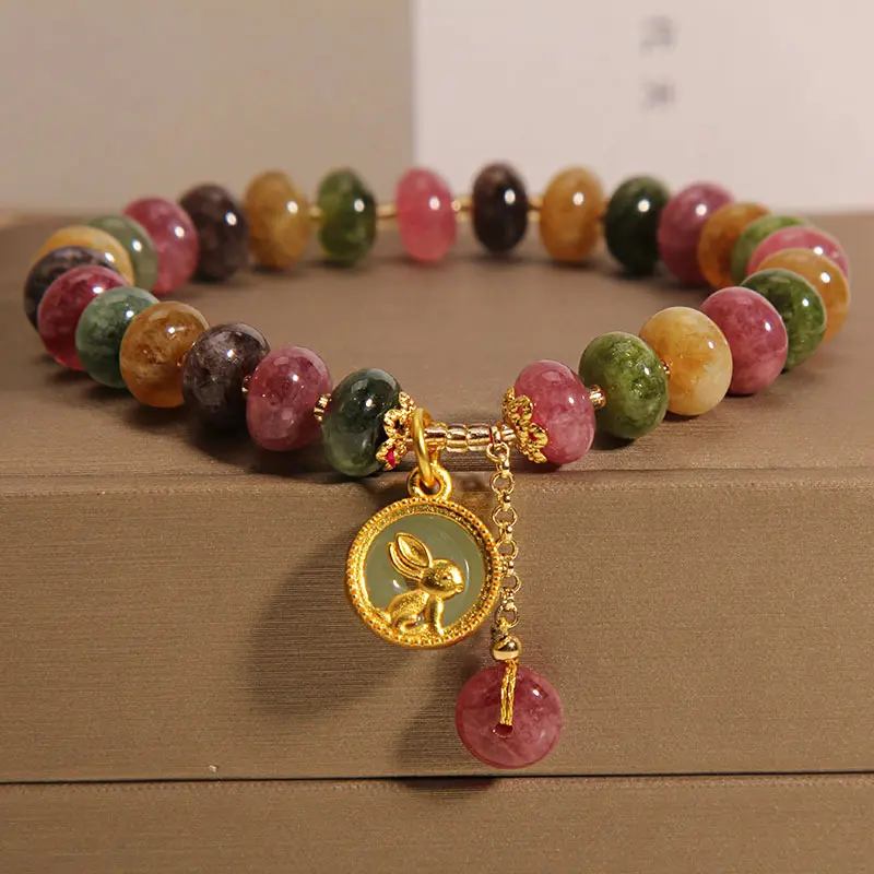 Natural Multi-Colored Tourmaline & Jade Bracelet for Women — Ins-Style, Niche & Light Luxury — Vintage-Inspired with Delicate Rabbit Charm