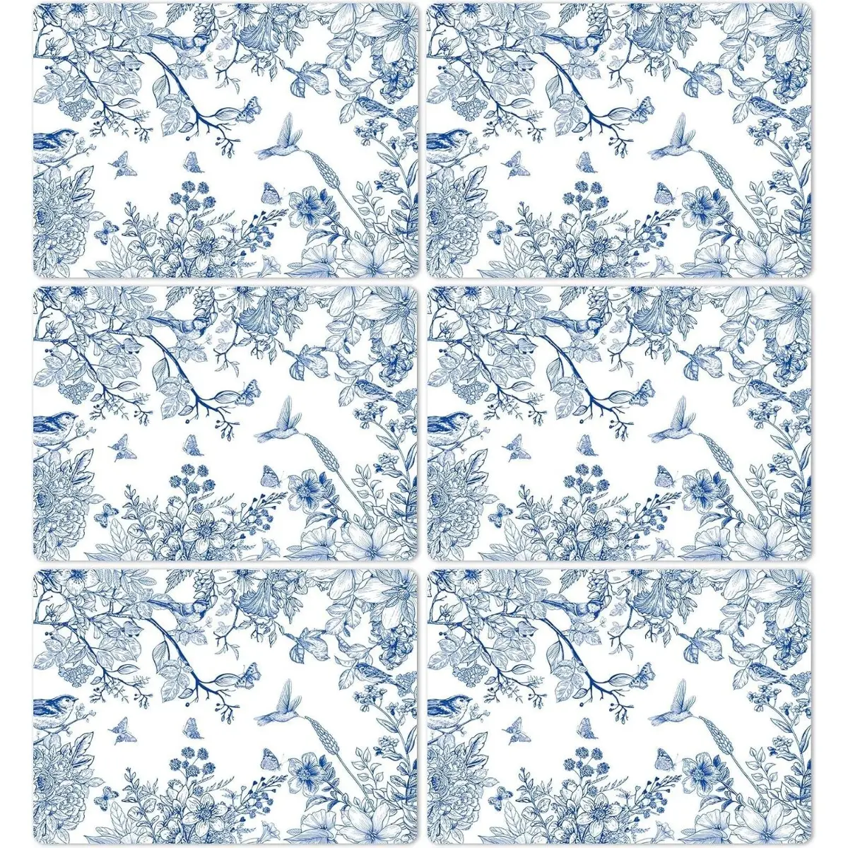 6-Piece Blue Floral-Bird Rectangle Plastic Placemats, Chinoiserie Rustic Vintage Tableware, Water Proof Washable for Indoor Outdoor Spring Party Decor