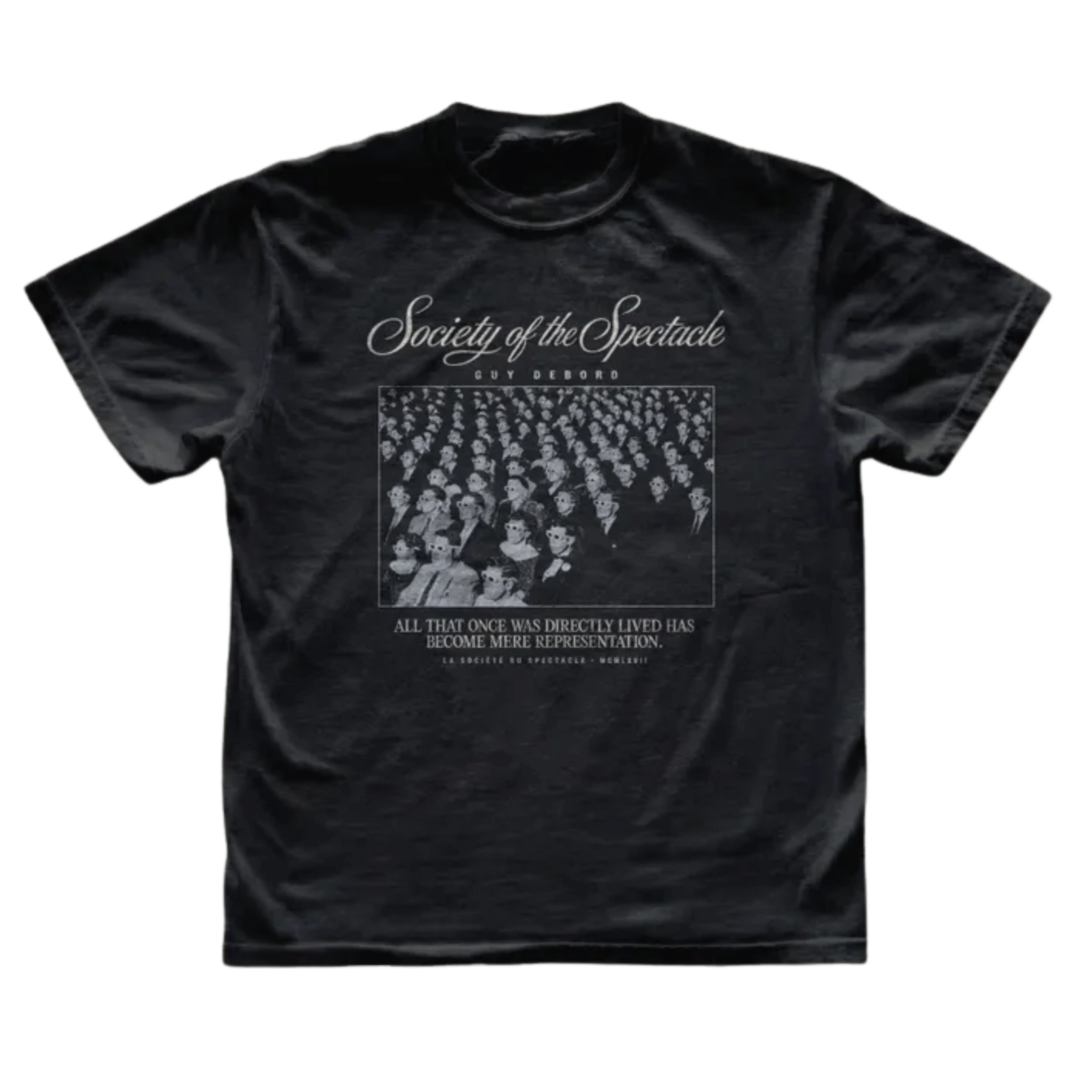 Gildan Men's and Women's T-shirt, Vintage Society of the Spectacle Graphic Tee, Guy Debord Philosophy Shirt, Situationist International Top, Directly Lived Mere Representation Quote, French Sociology Merch, Gift for Book Lovers, Unisex Streetwear