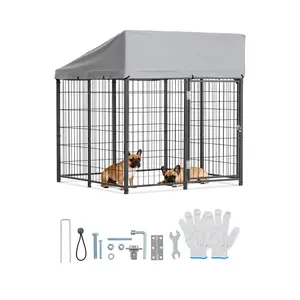 【fathersdaygift】VEVOR Outdoor Dog Kennel, 3.67 x 3.78 x 4.1 ft Large Dog Kennel with Secure Lock, Outside Dogs Enclosures with UV-Resistant & Waterproof Roof Cover, Heavy Duty Pet Crate Cage Run for Large Dogs