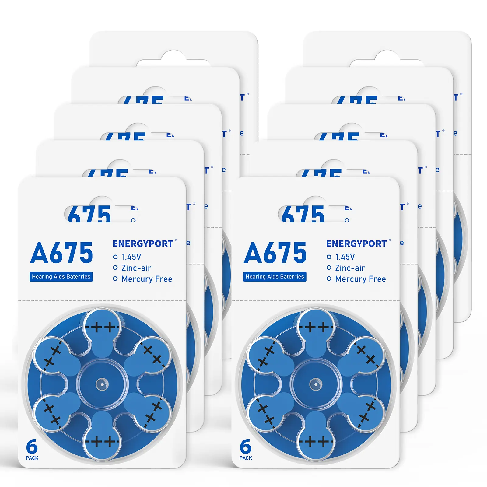 ENERGYPORT Extra Advanced Hearing Aid Batteries (Size 675, 1.45V Zinc Air, Mercury-Free, Blue Tab, A675 PR44) – Long-Life Accessories for Hearing Aid Users, Pack of 60, Protection-Focused