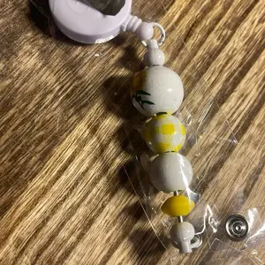 Wood Bead Keychain with Yellow and White Beads and Bamboo Design for Stylish Accessory