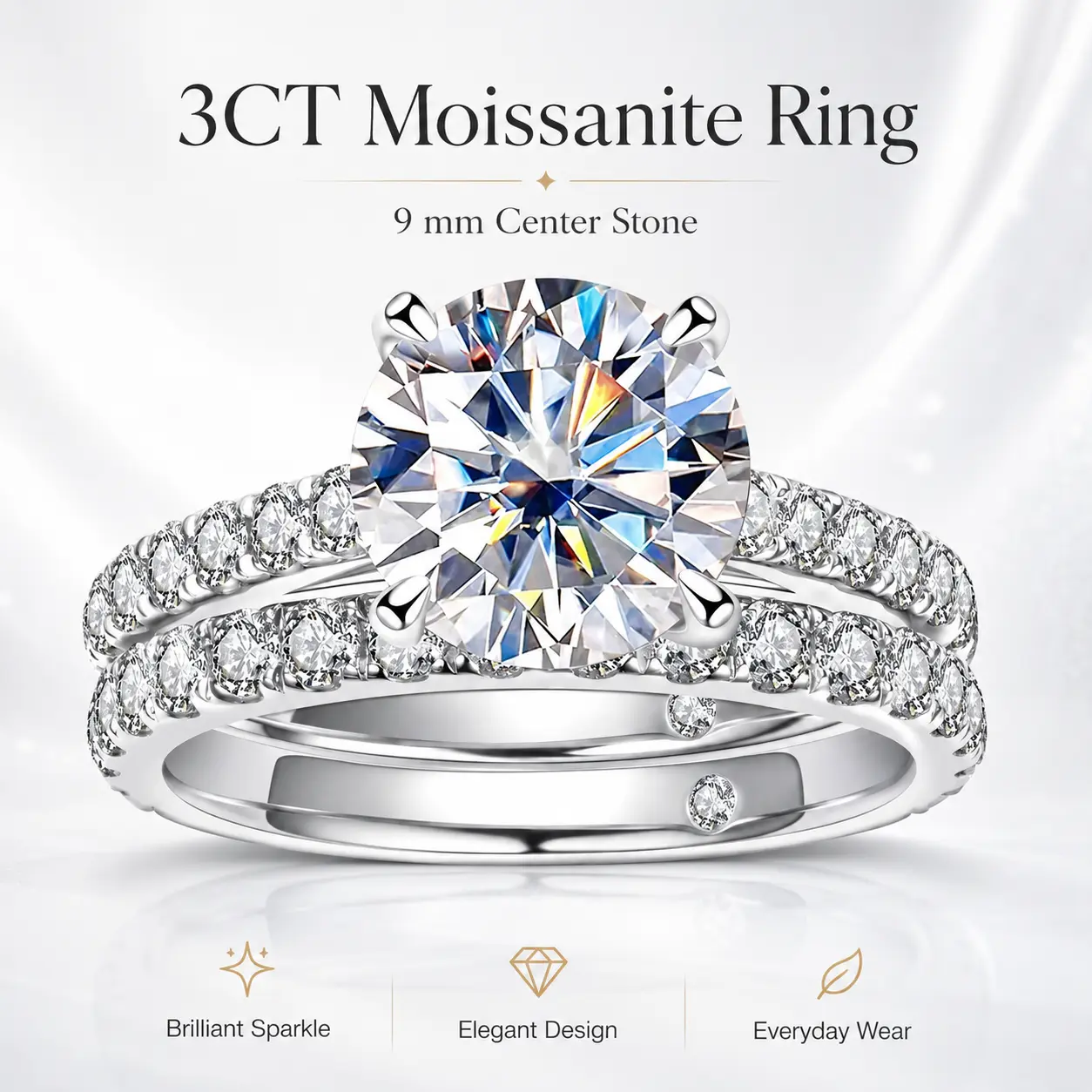 S925 Sterling Silver 3CT Round Cut Moissanite Bridal Ring Set, D Color VVS1 Solitaire Pavé Engagement Wedding Rings for Women engagement ring for me