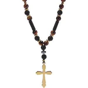 Cross Necklace for Men Tigers Eye Black Hematite Beaded Handmade Adjustable Healing Choker Necklaces Lava Stone Jewelry Box for Men Dad Son Husband