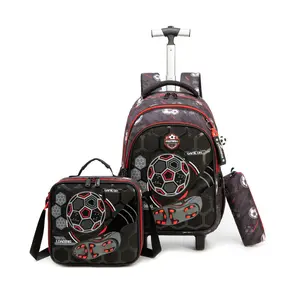 Rolling Backpack for Boys School Backpack with Wheels Kids Roller Backpacks with Lunch Box Pencil Case for Elementary Back to School Supplies Soccer Design outdoorfun
