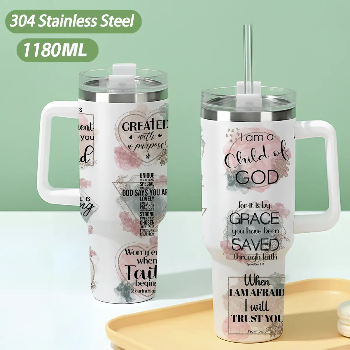 40oz 304 Stainless Steel Insulated Water Bottle - Portable, with Lid, Handle, Straw, Bible Verse Inspirational Pattern, Suitable for Car, Office, Birthday Gifts
