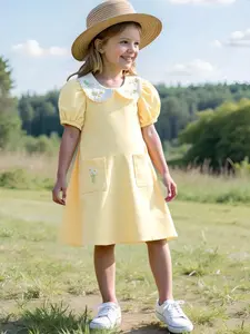 Young Girls Summer New Style Doll Neck Embroidered Bubble Sleeve Pocket Dress, Cute and Fashionable Clothing for Kids, Perfect for Warm Weather