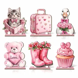 6pcs Wooden Valentine's Day Table Centerpiece Set, Teddy Bear & Trunk Designs, Frameless Wood Art, Home & Office Decor, Romantic Theme, Wedding Centerpieces