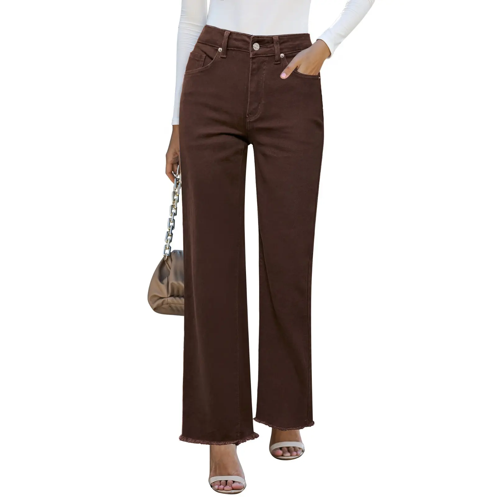 GRAPENT Women's High Rise Raw Hem Jeans - Stretchy High Waisted Straight Leg, Frayed Classic Denim Trousers with Functional Pockets, Casual Fit Baggy Pants, High Rise Jeans