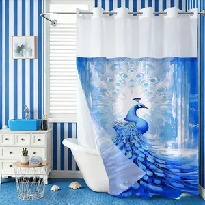 1/2 pcs hook free large loop double-layer Blue Peacock shower curtain, buckle cloth lined, bird pattern waterproof, including super absorbent pad, Bathroom decoration accessories