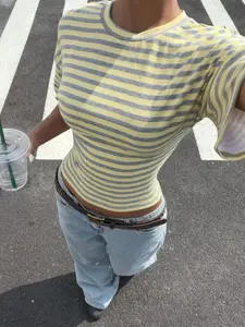 Summer Women's Fashion Style Simple Round Neck Striped Short Sleeve T-Shirt, Casual Daily Wear, Office, Slim-Fitting