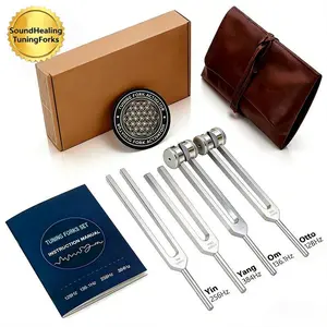 4-Frequency Resonance Sound Healing Tuning Fork Set (128Hz,136.1Hz,256Hz,384Hz) with Resonator Tuners, Hammer & Activator, Meditative Aid for Chakra Yoga, Valentine's Day Gift