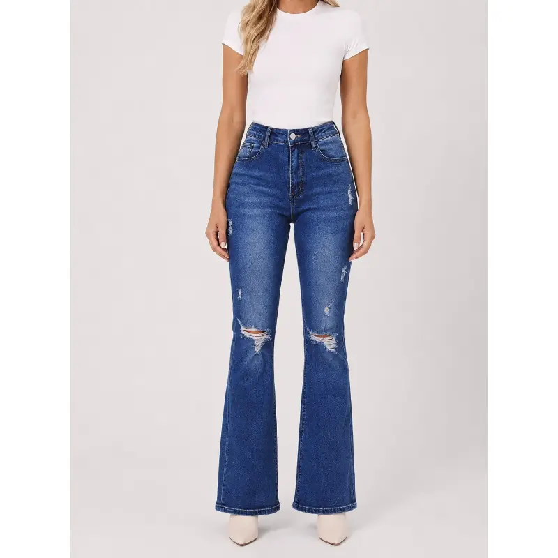 Bombbase Women’s High-Waisted Black Stretch Denim Flare Jeans - Distressed, Ripped, Pockets, Full-Length Long Pants for Casual & Outdoor Sports Wear