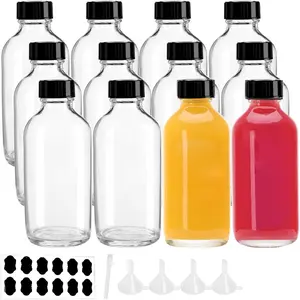 12 Pack Clear 4 oz Glass Bottle with Caps, Funnel, Chalk Labels, Pen, Vanilla Extract Bottle, Boston Bottles for Potion, Juice, Ginger Shots, Turmeric Shot, ,  , Maple Syrup