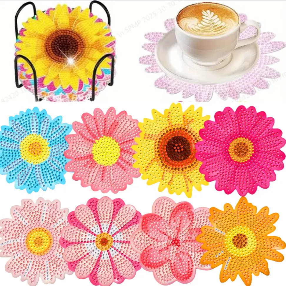 8-Piece DIY Diamond Flower Theme Wooden Coasters Set, Ideal for Adults & Beginners, Perfect Holiday Gift with Stand Included, Diamond Art Coasters, Diamond Painting Coasters, Decorative Coaster