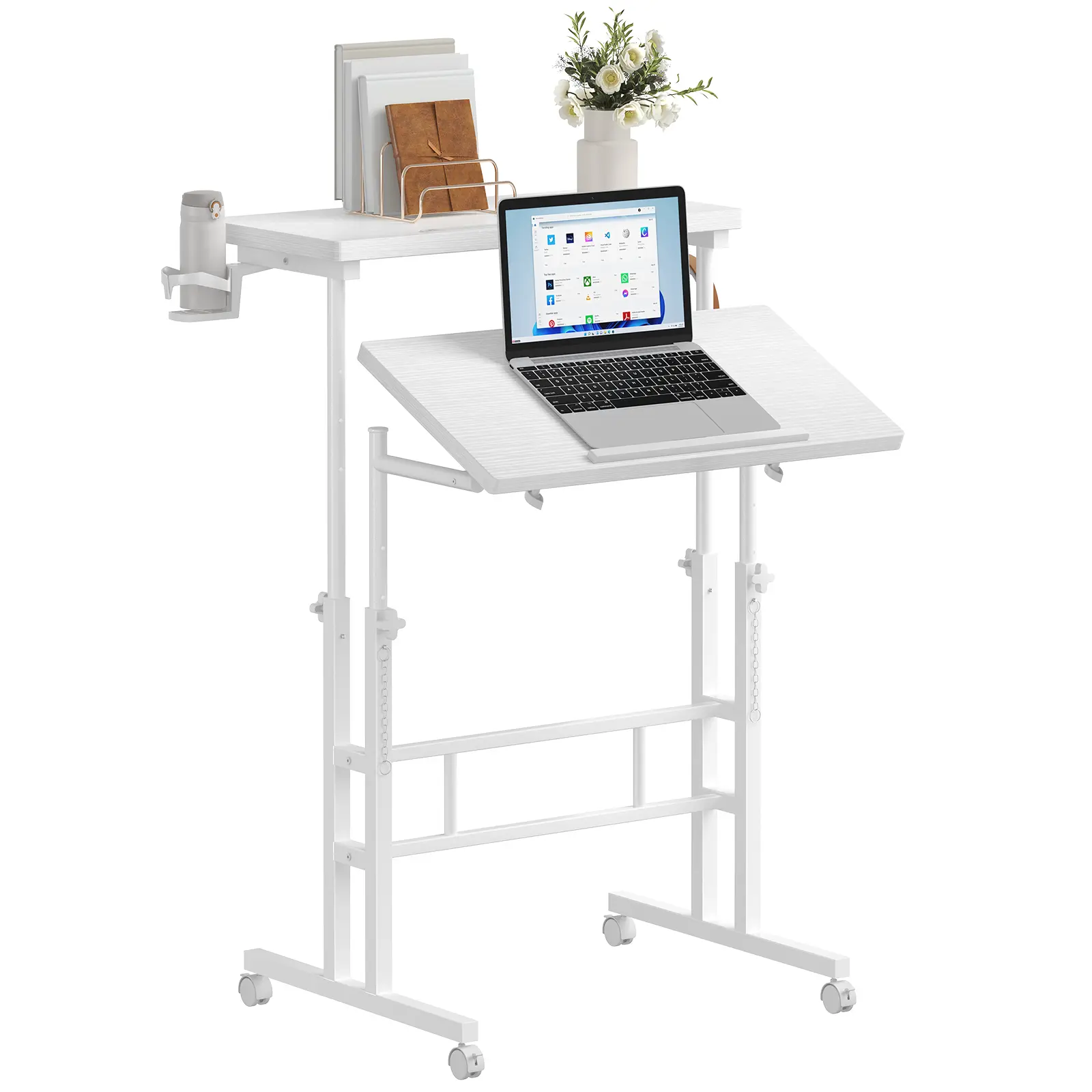 Sweetcrispy Split-Top Tilt Rolling Standing Desk, 23.6"x23.6" Square, Manual Height-Adjustable Movable/Portable PC Platforms & Stands, 24" Mobile Laptop Desk, 21.3-Inch Leg Clearance Office Table for Storage & Productivity Boost
