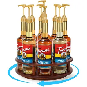 Large Rotating Coffee Syrup Organizer 9 Bottles Coffee Syrup Rack for Countertop  Syrup Bottle Holder Stand for Coffee Bar Station, Turntable  Display Tray, Brown