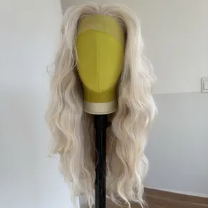 Daily Wear Heat Resistant Synthetic Hair Soft Layered 13X4 inch Large Area Lace Front Wigs Long Wavy Party Bleach Blonde