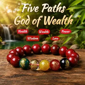 Five Fortune Gods Prosperity Bracelet with Cinnabar Beads for Wealth Attraction & Positive Energy - Taoist Master Blessing Chinese Feng Shui Elegant Bangle Five Elements Balance, Holistic Energy Harmony lucky gift magnet