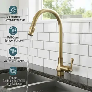 Pull-Out Kitchen Faucet with 360° Rotating Head, Cold Hot Mixer with Spray Nozzle, Bronze Finish, Lead-Free Brass, G1/2 Interface