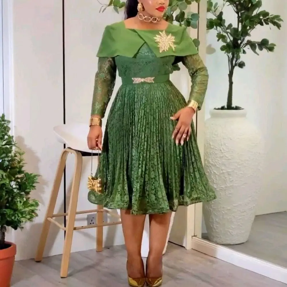 Women's Special Occasion Dress with Decorative Brooch on Shoulder, cinch waist with bow detail