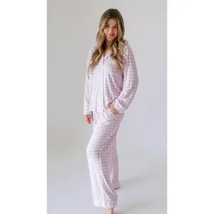 Women's Button Up Set In Purple Gingham