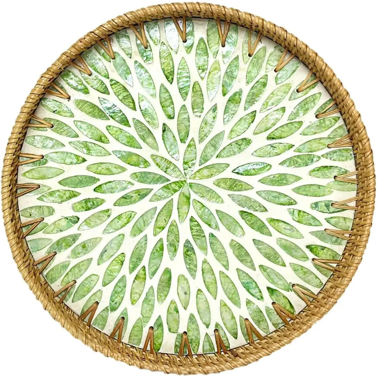 Round Rattan Tray with Mother of Pearl Inlay, Decorative Rattan Serving Tray for Home Coffee house organizers boyfriend basket