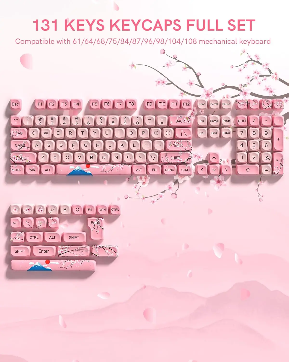 Womier 131 Cute Keycaps,MOA Cherry Blossom keycap Set for Mechanical Keyboard for 61/68/84/87/98/99/100/104/108 Keys