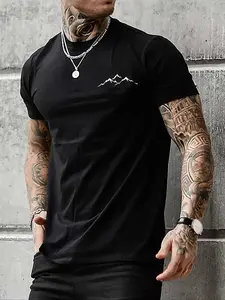 Men's Mountain Print Round Neck Tee, Casual Summer Clothes Street Regular Fit Short Sleeve T-shirt For Summer, Men's Clothes For Daily Wear