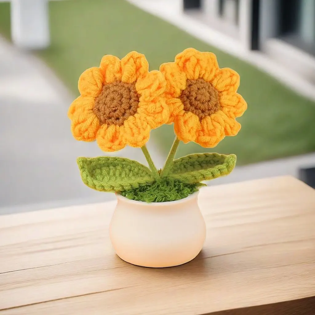Artificial Double-head Sunflower Ornament, Handmade Crochet Potted Plant, Decorative Flower for Home Party Wedding Festival, Decorative Flower Arrangement