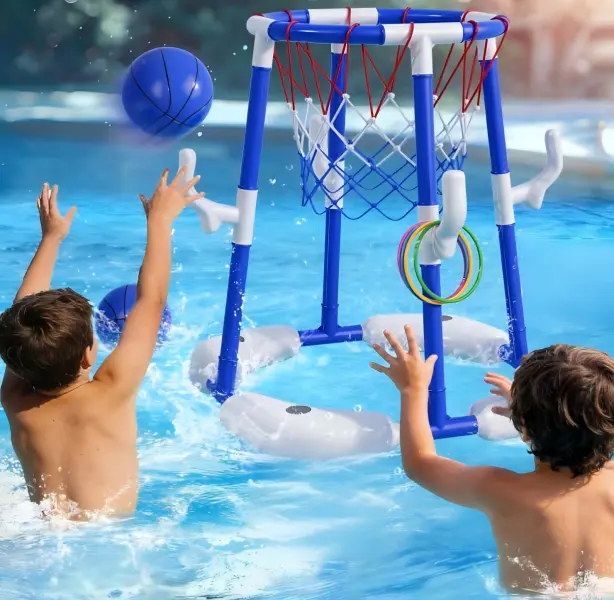 Inflatable 2-in-1 Floating Pool Basketball Hoop & Ring Toss Game Set, Swimming Water Play Toy Includes 2 Basketballs, Rings & Inflation Pump, Summer Outdoor Family Party Toy for Kids and Adults, Pool Game, Set Includes