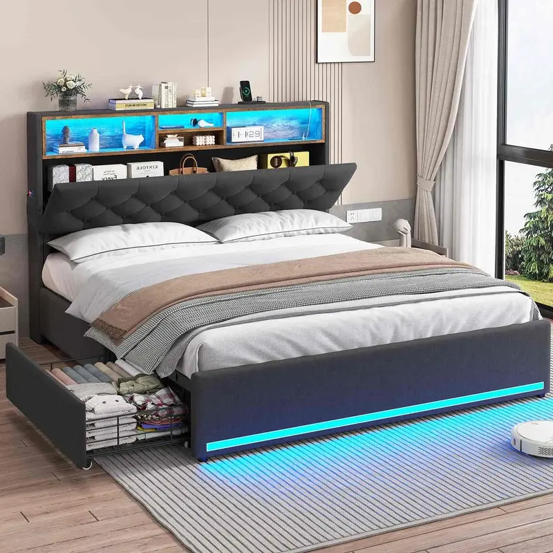SIKAIC Modern Smart Queen Bed Frame - Upholstered Linen Headboard, LED Lights, Charging Station, 4-Drawer Hidden Storage, Dark Grey Indoor Bedroom Furniture, Illuminated LED-Accented Bed Frame, Illuminated Bed Frames