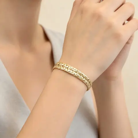 Women's 14K Gold Plated Wide Braid Exquisite Bracelet - Textured Chunky Bracelet for Women with Adjustable Clasp Extender, Daily Wear Costume Jewelry Gift for Female Adults Accessories