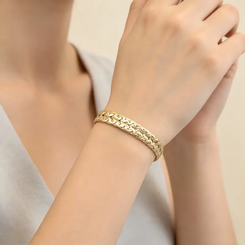 Women's 14K Gold Plated Wide Braid Exquisite Bracelet - Textured Chunky Bracelet for Women with Adjustable Clasp Extender, Daily Wear Costume Jewelry Gift for Female Adults Accessories