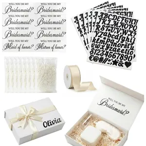 23 count Bridesmaid Proposal Box Decoration Kit for Bride to Be- DIY Set with 14 Role & Name Custom Stickers, 24 Yards Cream Satin Ribbon, and 8 Bags Cream Raffia  Box Filler - Will You Be My Bridesmaid Gifts Wrapping Supplies