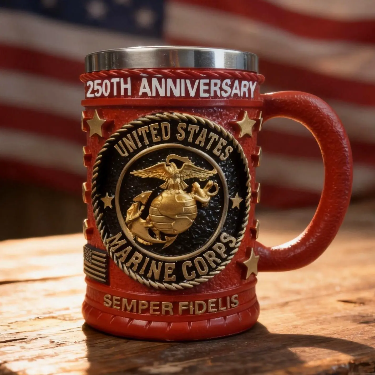 US Marine Corps 250th Anniversary 3D Embossed Stainless Steel Metal Coffee Mug - Classic USMC Red Tactical Tankard, Indoor Military Gift for Veterans