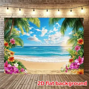 1pc Polyester Tropical Beach Party Backdrop - 2D Flat Banner with Turquoise Ocean, Palm Trees, Floral Design - No Electricity Needed, Easy to Hang for Indoor/Outdoor Birthday & Festive Decorations