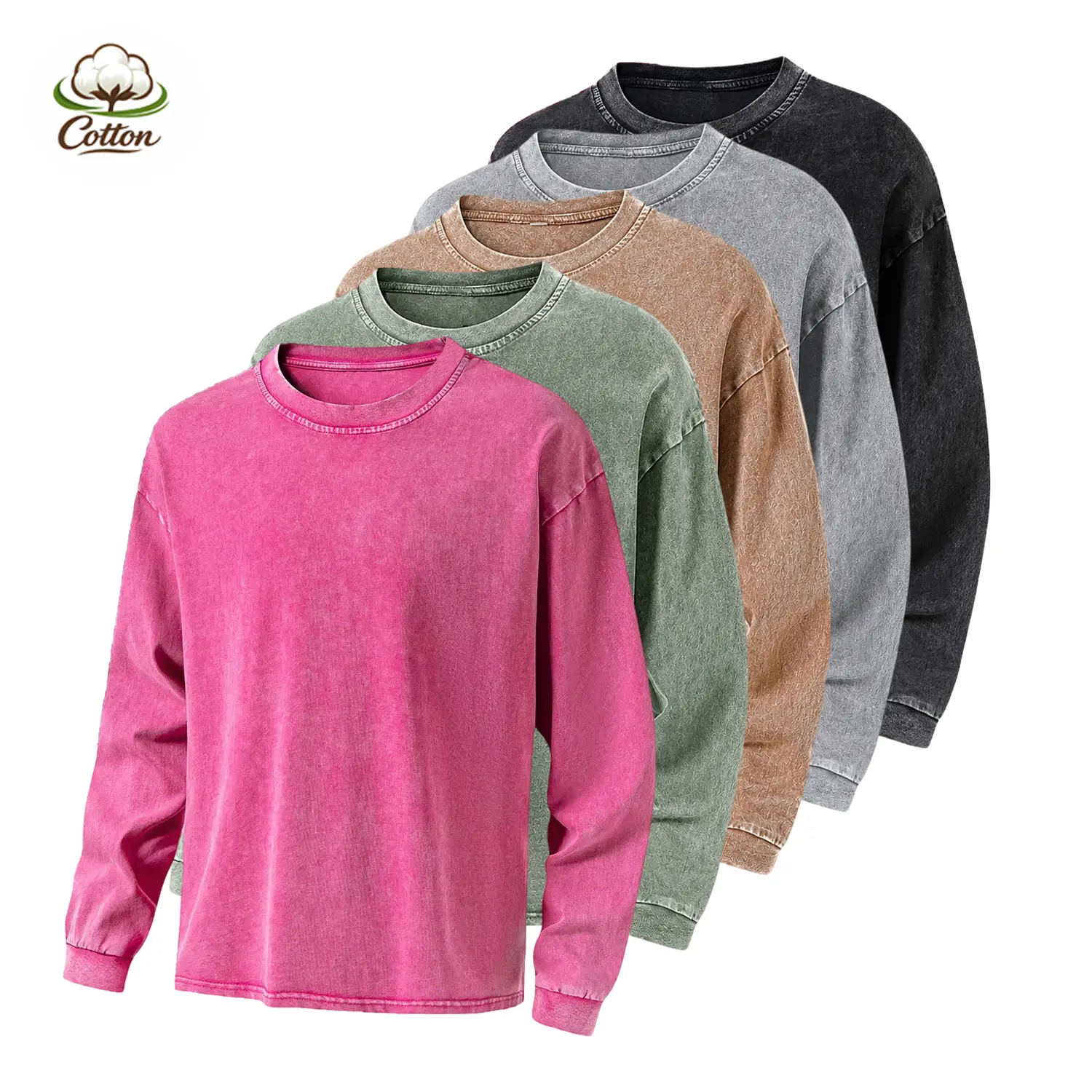 Men's 2-Pack Plain Long-Sleeve Tshirts, Acid-Wash Pure Cotton Menswear Tops, Small Crew Neck Loose Fit Casual Athletic Shirt, Unisex Gift for Spouse, All-Season Wear, Tshirt