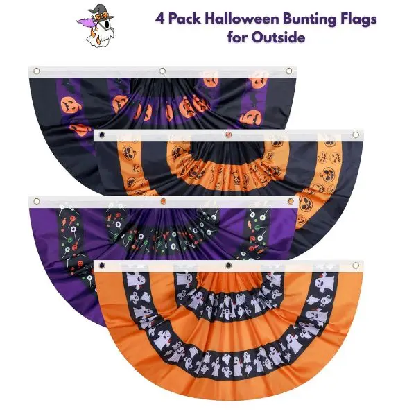 4-Pack Halloween Pleated Half Fan Bunting Flags, Black-Orange Patriotic Outdoor Decor with Grommets for Porch, Garden