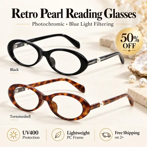 Unisex Vintage Oval Reading Glasses - Photochromic Blue Light Filtering, Pearl Accent Temples, Lightweight PC Frame, Lightweight Durable Glasses with UV400 Outdoors, Close-Range Reading Support, Computer & Daily Use