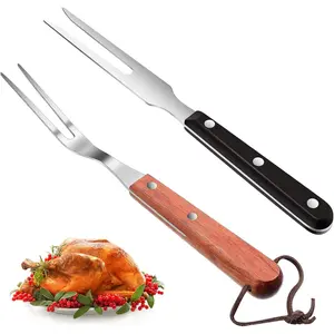 2Pcs 10.5 Inch Stainless Steel Meat Carving Fork with Round Wood Handle BBQ Grill Steak Tool for Kitchen Barbecue Serving Grilling Roasting