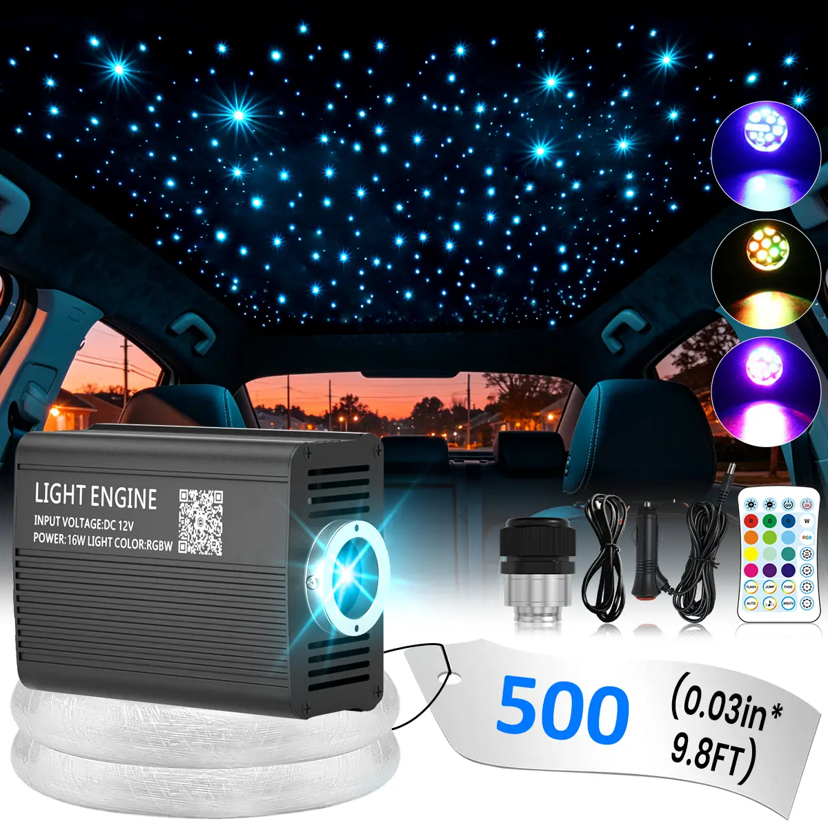 16W RGBW Fiber Optic Lights Kit for Car & Home Headliner, 500Pcs 0.75mm 9.8ft Strands Twinkle Star Ceiling Light Engine with App & RF Remote Control, Music Sync, 12V Car Adapter & US Plug Bluetooth Controlled