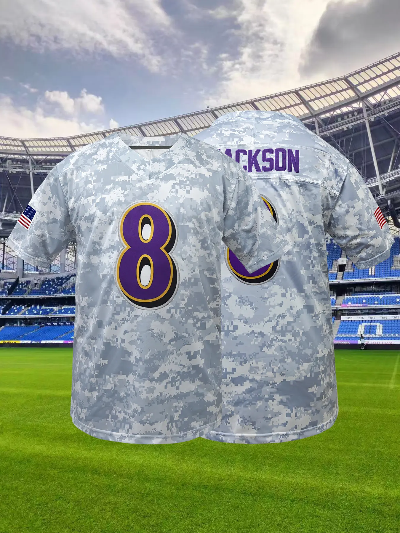 Men's #8 Camo American Football Jersey Embroidered Baltimore Sports Top Breathable Ravens Athletic Tee Training Shirt Athletic Tops for Training & Competition Stylish Jersey Embroidery Sportswear Sports Clothing