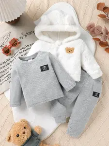 3-piece Casual And Cute Baby Boy Set, Soft And Comfortable, With Detailed Cartoon Bear Patterns, Embroidered Fabric, Hooded Teddy Bear Jacket, Brushed Ribbed Round Neck Top And Pants