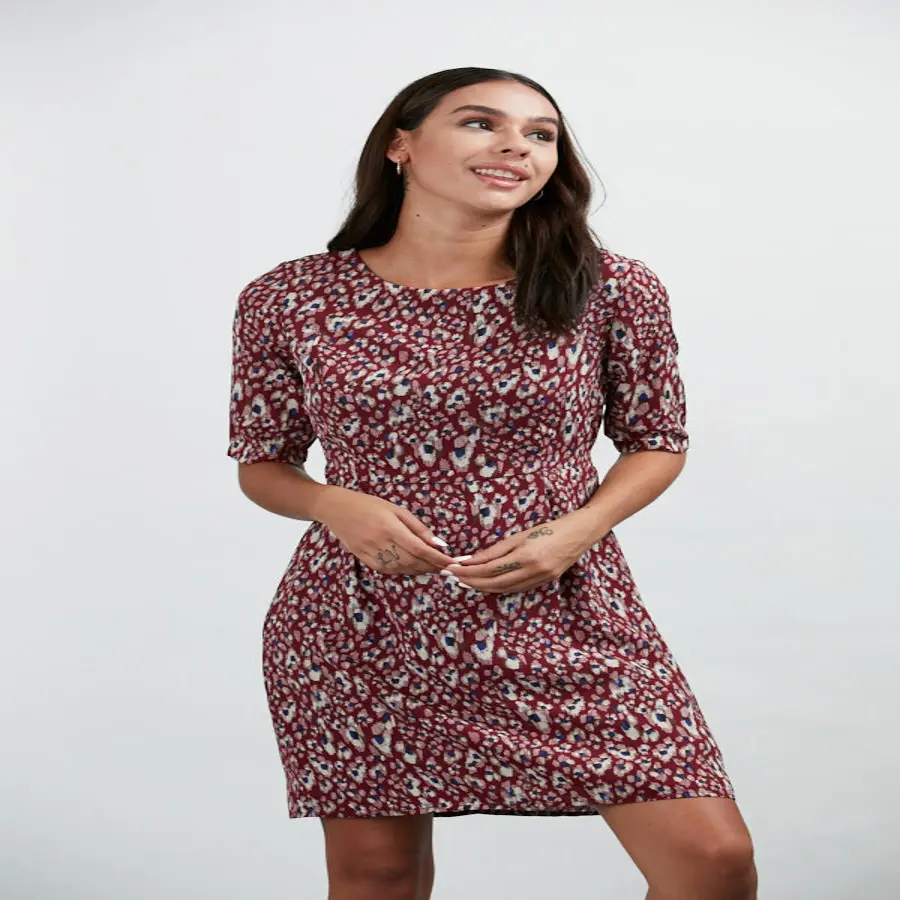 Abstract Print Round Neckline Maroon Dress